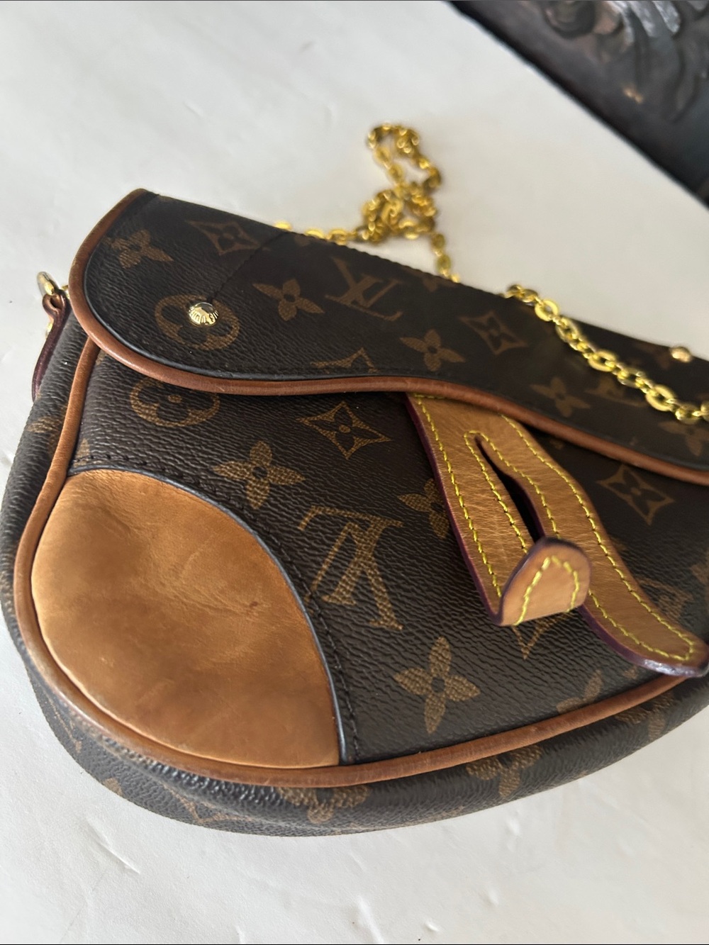 Beautiful Brown Monogram Saddle Bag with Gold Chain Strap - Picture 9 of 13